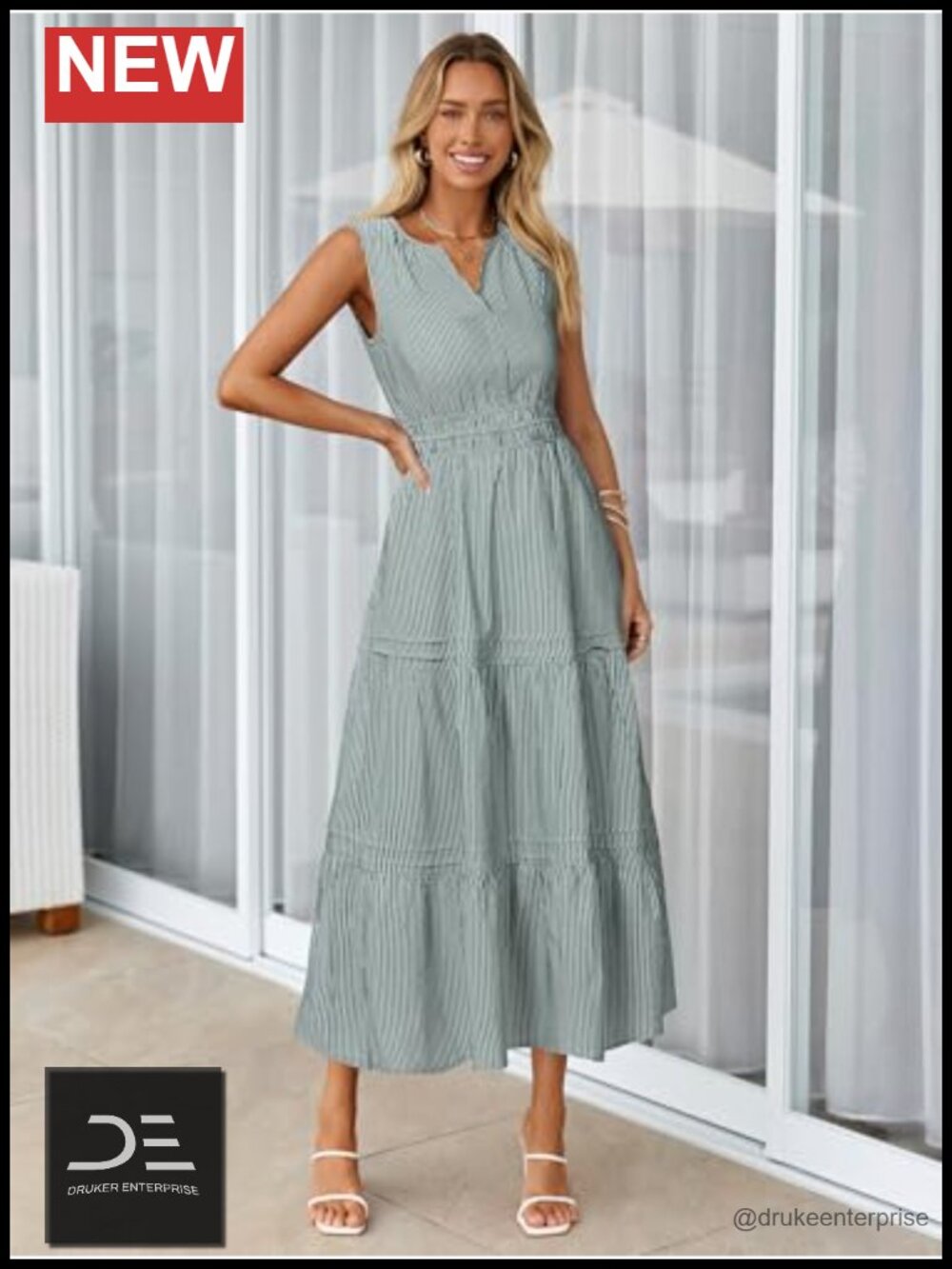 Striped Maxi Dress Sleeveless Empire Waist with Pockets Cotton Blend - Picture 5 of 6